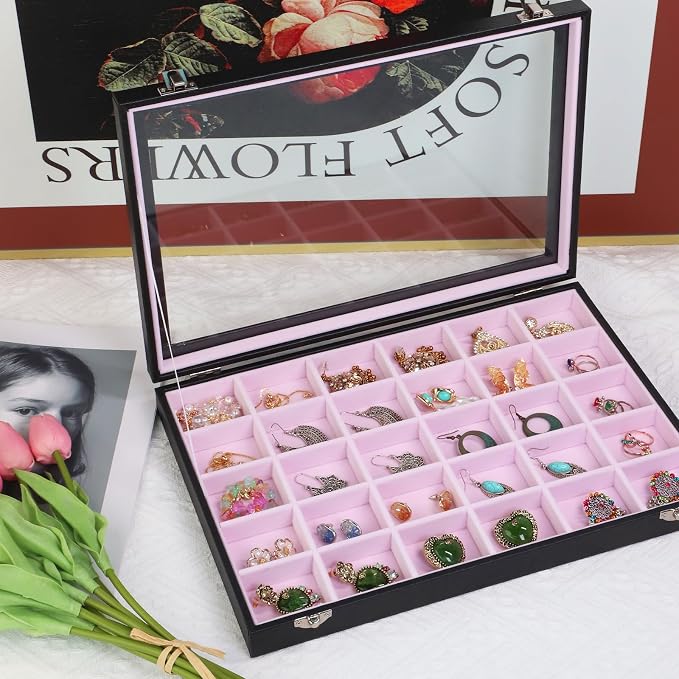 Stratalife Jewelry Organizer Earring Holder Jewelry Tray with Lid Earring Storage Drawer Organizer Earring Ring Storage for Women 30 Grid (Pink Black) - Image 3