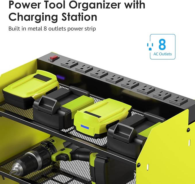 CCCEI Modular Power Tool Organizer Wall Mount with Charging Station. Garage Drill Storage Shelf with Hooks, Heavy Duty Rack, Tool Battery Holder Built in 8 Outlet. Gift for Men. Green, 1 Pack. - Image 2
