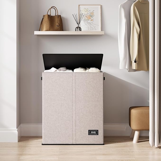 SOLEDI Large Double Laundry Hamper with Lid, Collapsible Clothes Hamper 2 section with Removable Bags, Space-Saving Laundry Basket for Bedroom, Dorm, College - Image 6