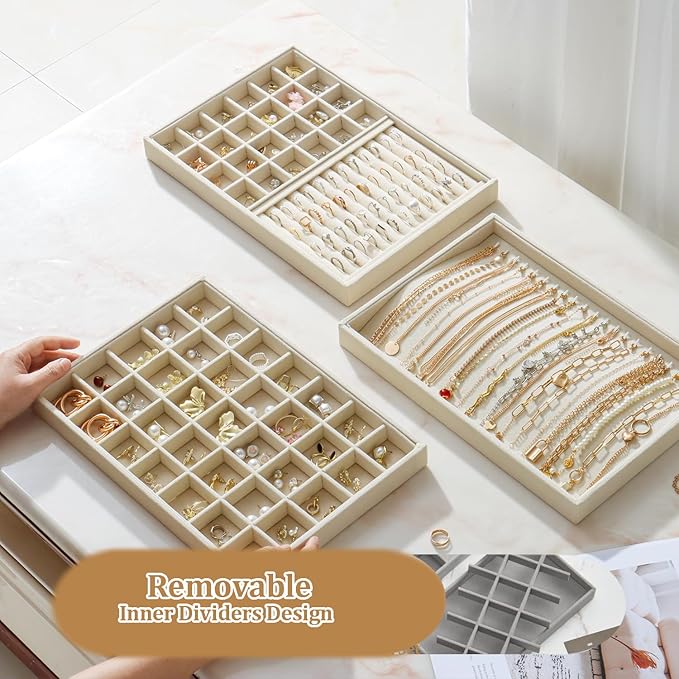 Large Velvet Jewelry Tray 2 Pack Stackable Jewelry Display Drawer Inserts Trays Organizer for Earring Bracelet Necklace Ring (Beige, 35 Grids) - Image 5