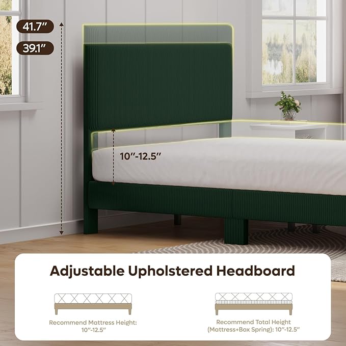 Bestier Full Bed Frame with Headboard,Full Size Bed with LED Light,Vertical Channel Tufted Corduroy Upholstered, Solid Wooden Slats Support, No Box Spring Needed, Never Squeaks, Easy Assembly,Green
