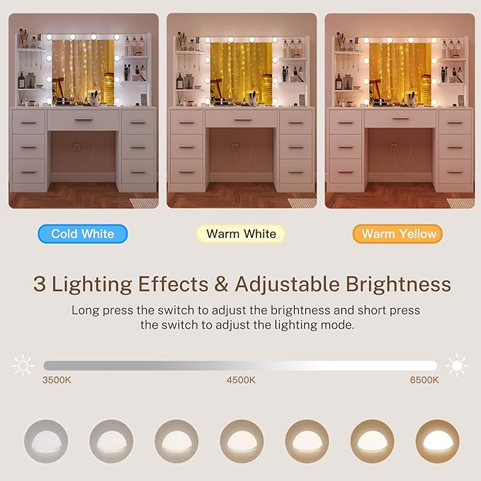 FIONESO Vanity Desk with LED Light Mirror & Power Outlet, 3 Adjustable Light Color, Makeup Vanity with 7 Drawers, 4 Shelves, 5 Jewel Hooks, White Vanity for Bedroom, Girls Vanity