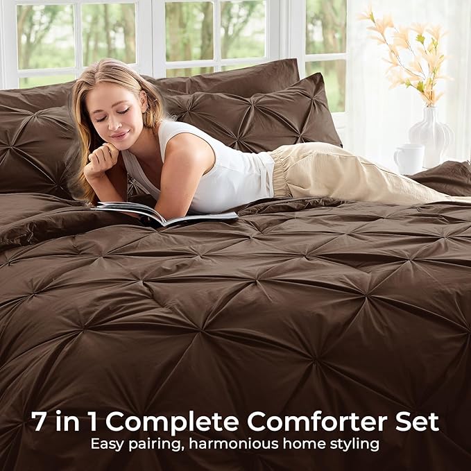 Sasttie California King Comforter Set, 7-Piece Bed in a Bag Cal King, Pintuck Bedding Set for All Season, Includes Comforter, Flat Sheet, Fitted Sheet, Pillowcases and Pillowshams, Dark Brown