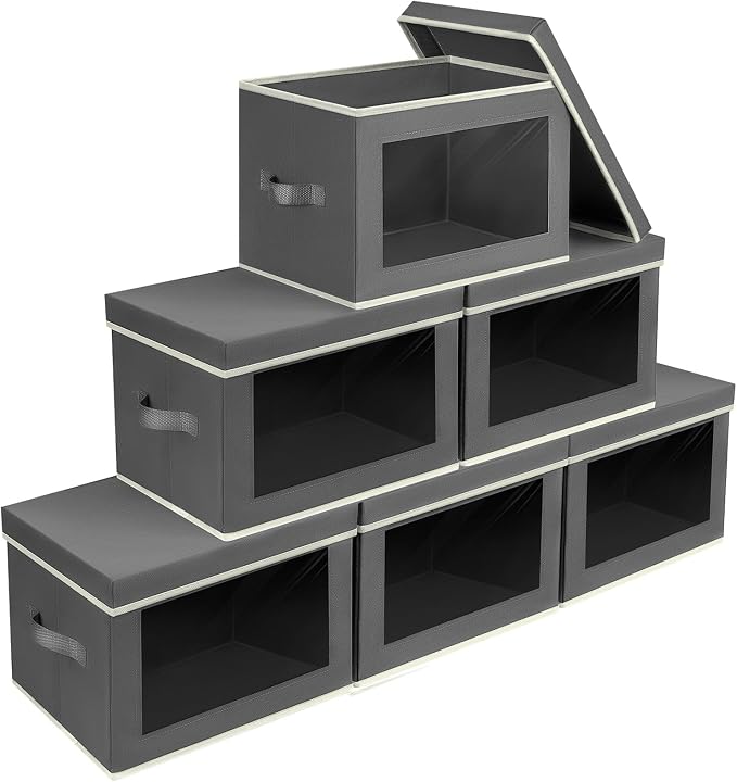 Homsorout Stackable Storage Bins with Lids - Large Storage Box with Lids, Foldable Closet Boxes for Organizing, Wardrobe Clothes Organizer with Window, Cubes Bins for Living Room, 6 Pack, Dark Grey by Homsorout