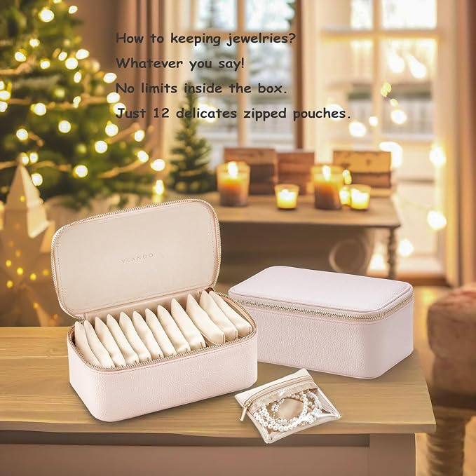 VLANDO Travel Jewelry Box Organizer – Portable PU Leather Jewelry Case with 6/8/12 Zippered Pouches, Compact Storage for Earrings Rings Necklaces Bracelets, Rosy Mauve - Image 3