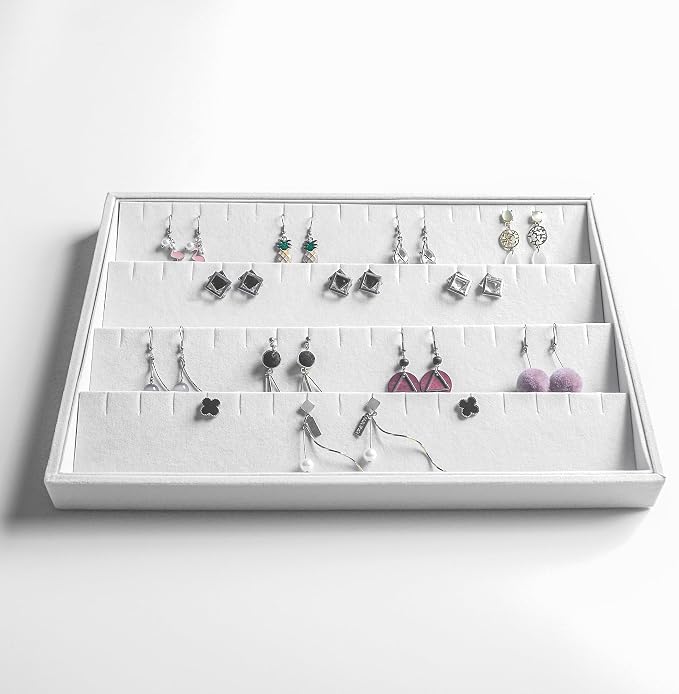 Frebeauty Stackable Velvet Jewelry Organizer Trays for Drawers Inserts Jewelry Storage Tray Display Case, Stud Earrings Bracelets Necklace Rings Accessories Trays for Women(Set of 4)(White) - Image 6