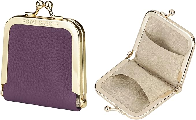 Royal Bagger Genuine Cow Leather Ultra-Slim Mini Jewelry Box, Ring & Necklace Storage, Slim Coin Purse with Kiss Lock for Women 3120 (Deep Purple) by ROYALBAGGER