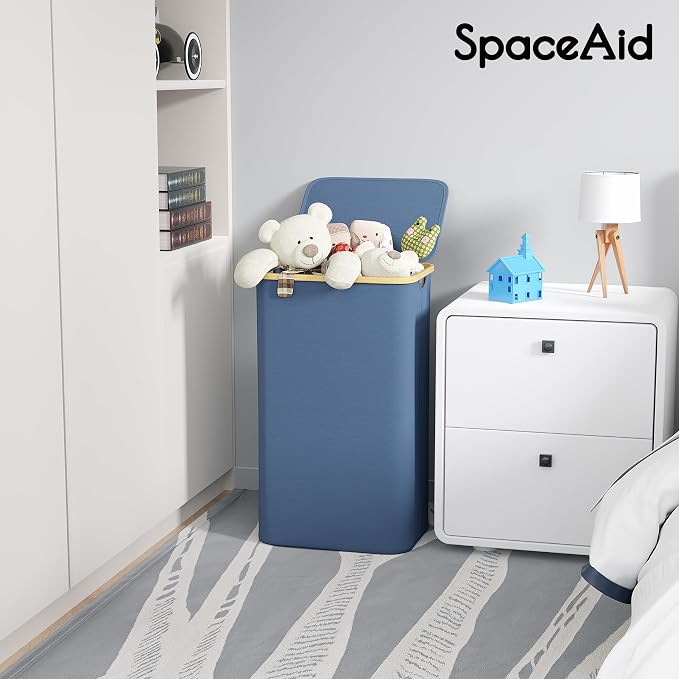 SpaceAid Laundry Hamper with Lid, 110L Large Tall Clothes Basket Bin with Bamboo Handles, Collapsible Laundry Hamper for Bedroom, Bathroom, Dorm, Laundry Room - Blue - Image 3