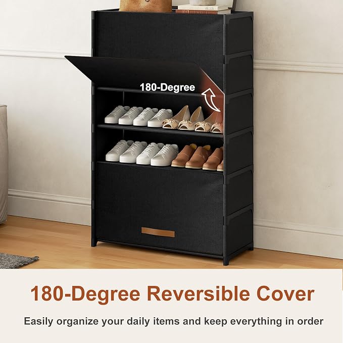 Shoe Rack, 7 Tier Shoe Storage Cabinet with Door 28 Pair Plastic Shoe Shelves Organizer for Closet, Entryway, Hallway, Bedroom, Black - Image 6