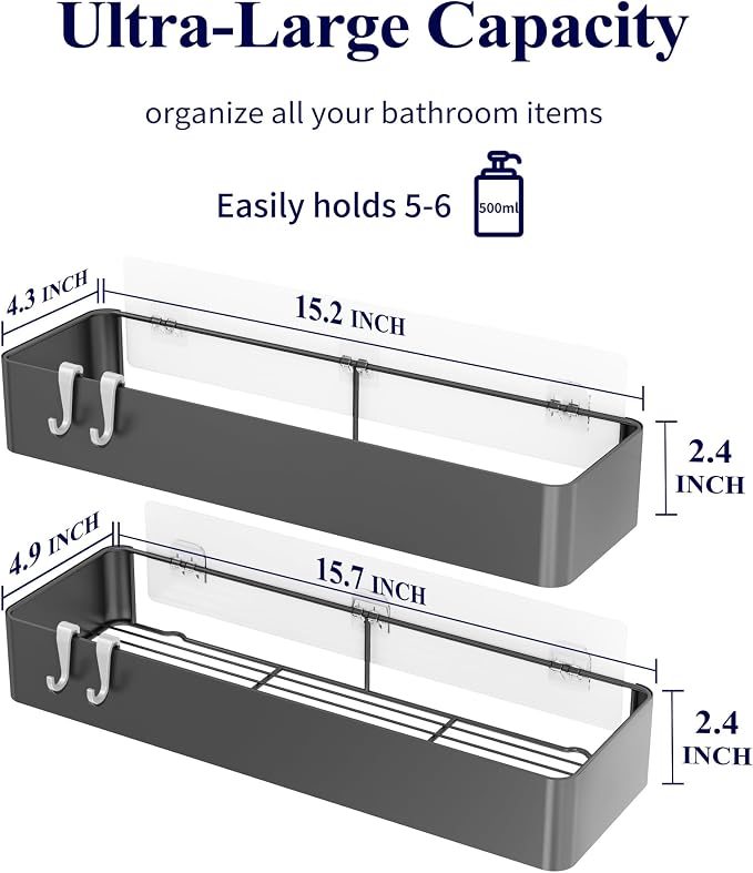Kitsure Shower Caddy - 2 Pack Adhesive Shower Organizer, Rustproof Metal Shelves, No-Drill Bathroom Organizers and Storage, Dark Grey, XX-Large - Image 2