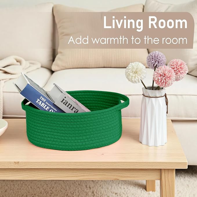 JMvicyroam Woven Basket,Small Rope Storage Bin with Handles & Ribbon Bag, Organizer for Shelves Closets,Gift Basket Empty for Birthday,Books,Dog Toys, Green/3 Pack - Image 7