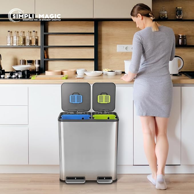 Simpli-Magic 18.5 Gallon (40L x 30L) Dual Compartment Step Trash Can – Kitchen Garbage Can with Waste & Recycling Bins – Slow-Close Lid, Odor Control, Hands-Free, Stainless Steel - Image 9
