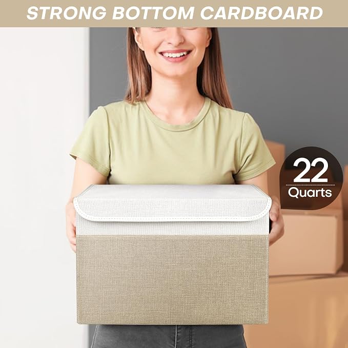 Bagnizer Large 22 Quart Linen Fabric Foldable Storage Bin Cube Organizer Basket with Flip-Top Lid & Handles, Clothes Blanket Box for Home, Office, Closet, Beige & White, 4 Pack 14.6 x 9.5 x 9.5” - Image 6