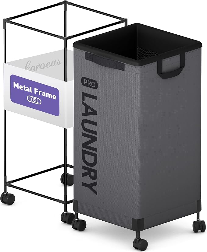 Caroeas Next-Gen 105L Matel Frame Laundry Basket with wheels, Heavy Duty Tall Rolling Laundry Hamper with Removable Wash Bag, Collapsible Freestanding Clothes Hamper For Laundry Room (100L,Grey,1Pack) by Caroeas