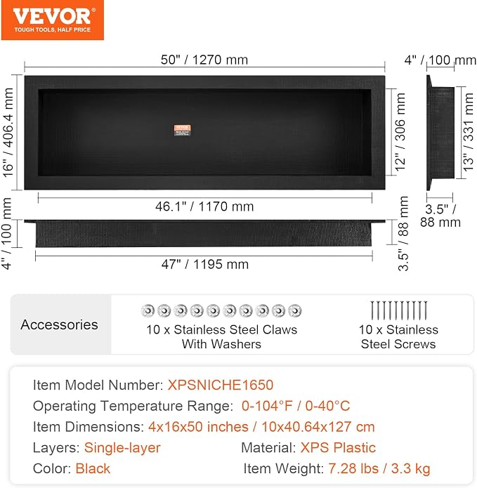 VEVOR Shower Niche Ready for Tile 16" x 50", Single Shelf Organizer, Square Corners Wall-inserted Niche Recessed, Sealed Protection Modern Soap Storage Niche for Shower Bathroom, Black - Image 9