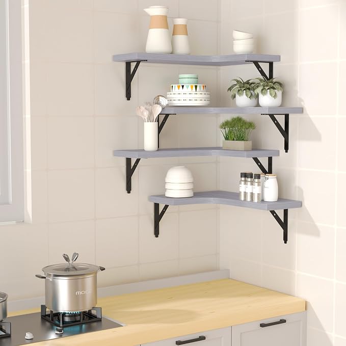ROMGUAR CRAFT Corner Floating Shelves Wall Mounted Set of 4, Rustic Wood Storage Display Shelves for Home Decor, Bathroom, Kitchen, Bedroom, Living Room, Office (Light Grey) - Image 2