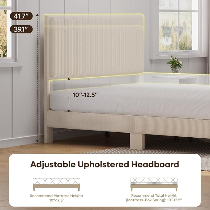 Bestier Queen Bed Frame with Headboard,Platform Queen Size Bed Frame with LED Lighting,Bed Frame Wooden Slats Support,No Box Spring Needed,Never Squeaks, Easy Assembly,Beige
