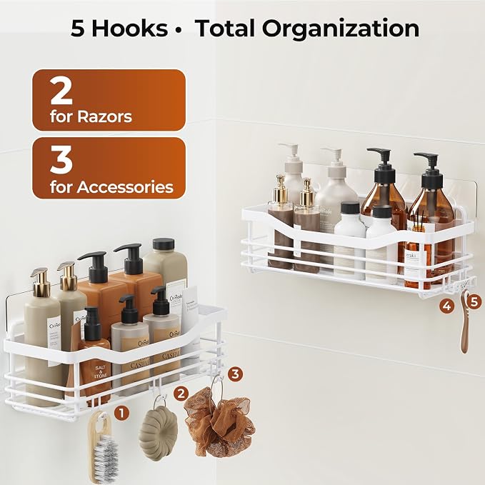 Orimade Shower Caddy Basket Shelf Storage Rack, No Drilling Wall Mounted Adhesive Rust Resistant Stainless Steel Shower Organizer with 5 Hooks for Bathroom, White 2 Pack - Image 6