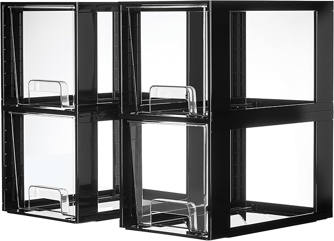 Vtopmart 4 Pack Large Stackable Storage Drawers,Black,Easily Assemble Acrylic Bathroom Closet Undersink Organizers and Storage,Plastic Bins for Kitchen Cabinets,Pantry,Makeup,Medicine Organization by Vtopmart