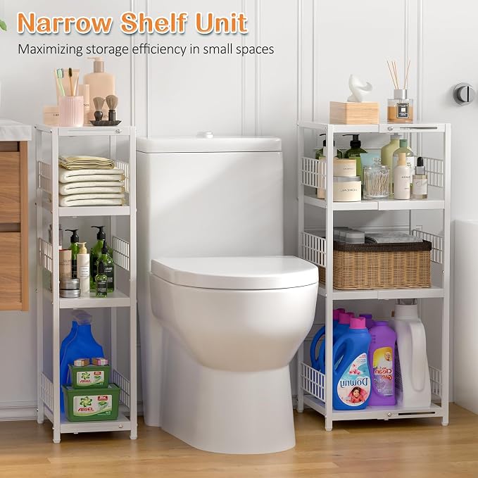 4 Tier Expandable Slim Storage Shelf, Metal Shelving Unit for Bathroom Storage Organizer, Freestanding Narrow Shelf for Small Spaces, Open Floor Shelves for Bathroom, Laundry Room, Kitchen,White - Image 3