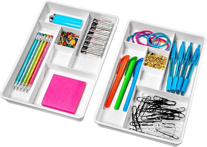 Madesmart Set of 2 Plastic 6-Compartment Drawer Organizer Gadget Trays, Multipurpose Storage Bins for Drawers, White - Image 4