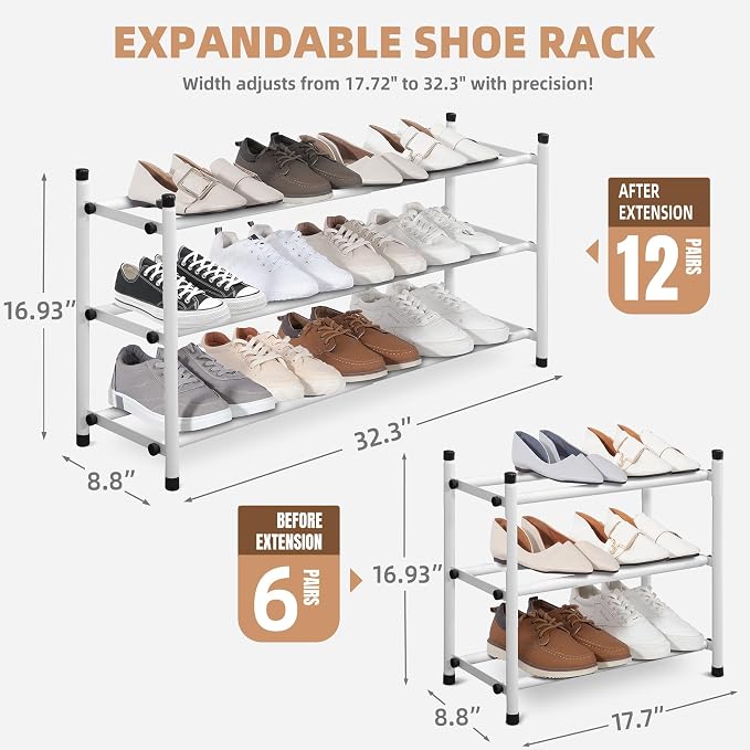 STORAGE MANIAC Expandable Shoe Rack, 12 Pairs Stackable Small Shoe Rack, Metal Adjustable Shoes Organizer for Closet, Entryway, Hallway, Garage, Front Door, Shoes Shelves, White 3 Tier - Image 3