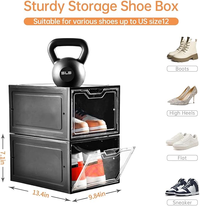 12 Pack Shoe Boxes Organizer, Magnetic Door Shoe Storage Boxes, Clear Sneaker Storage Box for Women/Men, Fit up to US Size 12 - Image 3
