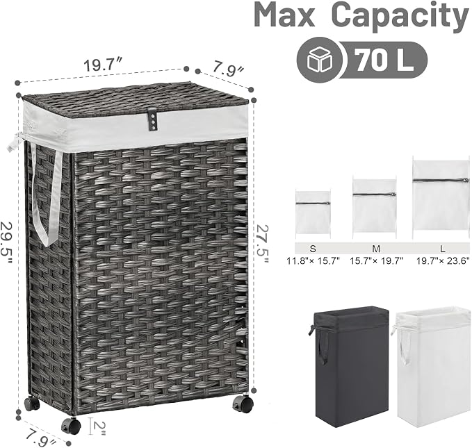 70L Slim Laundry Hamper with Lid & Wheels, 2-Park Rolling Laundry Basket with 4 Removable Liner Bags & 3 Mesh Bags, Narrow Dirty Clothes Basket, Foldable Handwoven Rattan Laundry Sorter, Grey - Image 4