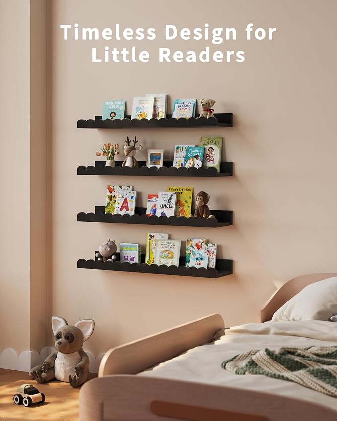 Shario Nursery Book Shelves, 4-Pack Wood Floating Shelves for Wall Kids, Scalloped Shelves, Wall Book Shelves for Bedroom Kids, Toddler Room, Baby Room, Nursery Decor (Black, 23 Inches) - Image 5