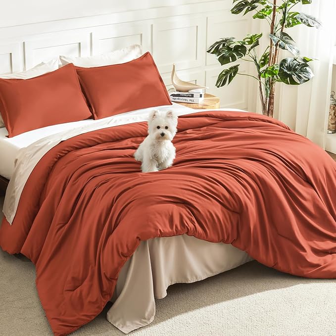 Litanika Burnt Orange Queen Size Bed Comforter Set, 3 Pieces Terracotta Fall Lightweight Solid Bedding Comforter Set, All Season Microfiber Down Alternative Comforter (1 Comforter, 2 Pillowcases)