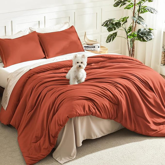Litanika Oversized King Comforters Burnt Orange Super King Plus Size, 3 Pieces Lightweight Solid Bedding Comforter Set, All Season Fluffy Bed Set (128x120In Comforter & 2 Pillowcases)