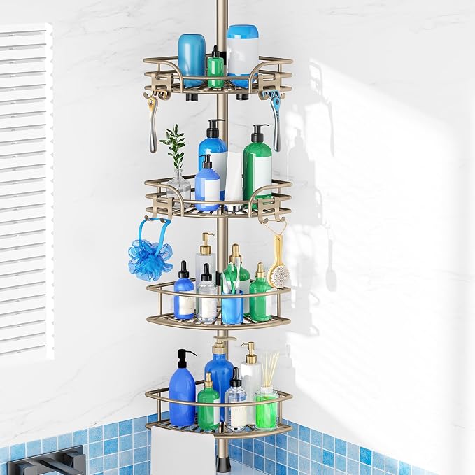 HAMITOR Shower Caddy Corner Tension Pole: 4-Tier Large Capacity Bathroom Organizer Shelves - Rustproof No-Drill Adjustable 47-123 inch Shower Storage for Renters, Home Bathtub Stand Rack, Tan Khaki by HAMITOR