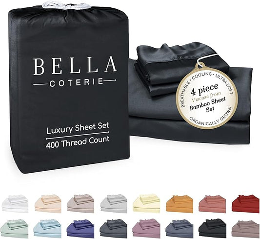 Bella Coterie Luxury Bamboo Viscose 34” Split Top King Size Sheet Set | 1 Fitted Sheet for Sleep Number & Adjustable Beds | 100% Organically Grown | Cooling & Soft | 18” Deep Pocket [Black]