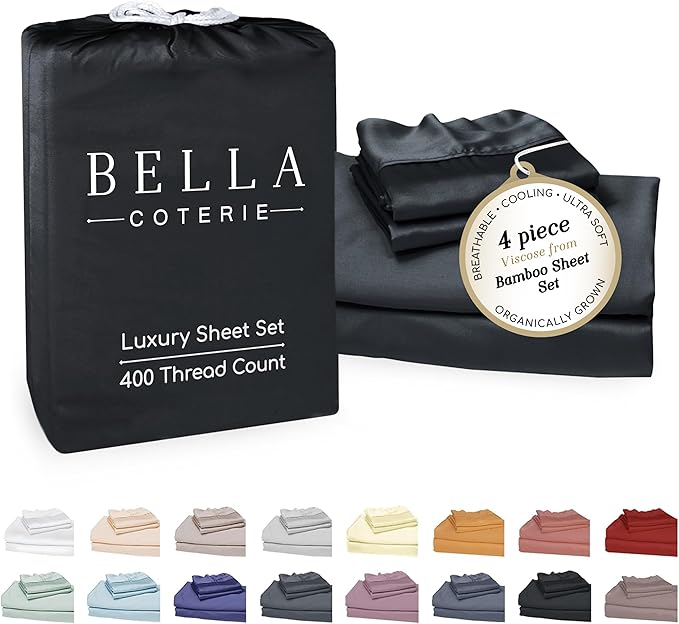 Bella Coterie Luxury Bamboo Viscose Queen Size Sheet Set | 100% Organically Grown | Ultra Soft | Cooling for Hot Sleepers | 18" Deep Pocket [Black]