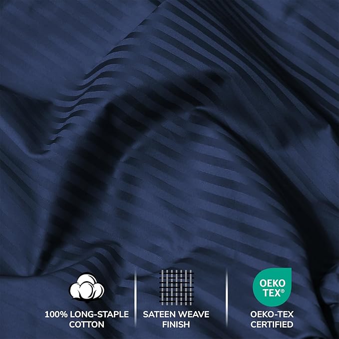 Feather & Stitch 500 TC California King Size Bed Sheet Set, 100% Cotton Soft Breathable Bedsheets, 4 Piece 18" Deep Pockets Sateen Weave Striped Bedding Mattress Resort Hotel - (Dark Blue Stripe)