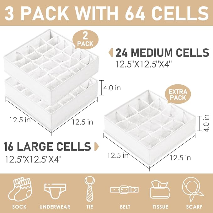 Criusia 3 Pack Sock Underwear Drawer Organizer Dividers, 64 Cell Fabric Foldable Cabinet Closet Organizers and Storage Boxes for Storing Socks, Panties, Ties (16+24+24 Cell, White) - Image 2