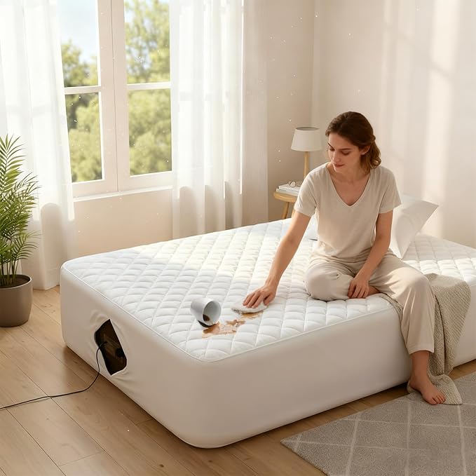 Peryiter Waterproof Queen Air Bed Mattress Pad with 15-24 Inch Deep Pockets, Brushed Queen Air Mattress Cover Pad Breathable Noiseless Protector for Camping, Guest Bed and Overnight Visitors