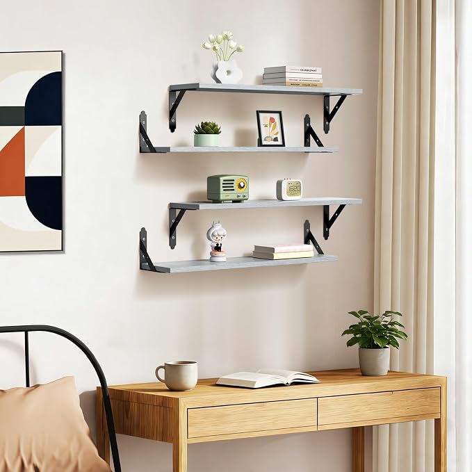 ROMGUAR CRAFT Wood Floating Shelves Set of 4, Rustic Storage Decor Wall Shelves, Wall Mounted Shelf for Living Room, Bedroom 23.6" x 6", Light Grey - Image 7