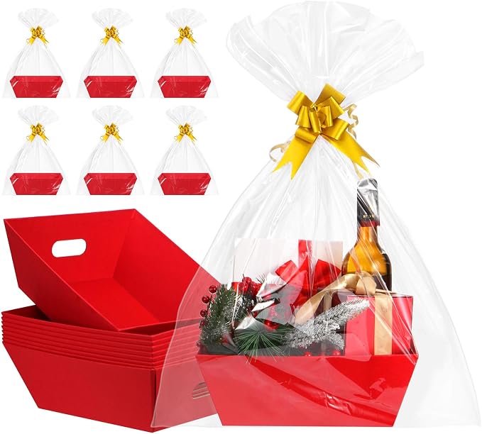 AFOROEOA 10PACK Red Baskets For Gifts Empty, 10x12”Thick Kraft Gift Basket with 10 Bows 10 Bags Empty Gift Baskets for Christmas, Easter, Birthdays, Snacks, Farmers Market by AFOROEOA