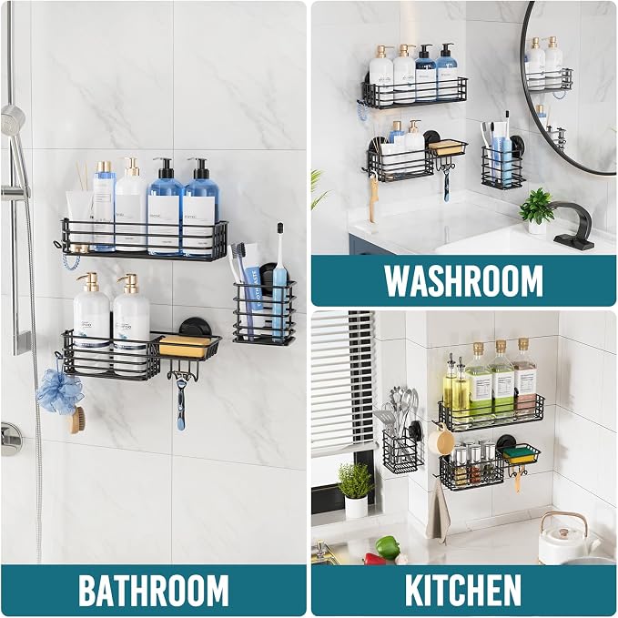 TAILI Shower Caddy Suction Cup, 3 Pack Shelves for Inside with Hooks & Soap Holder Toothbrush Cups, Removable Bathroom Organizer, Rustproof Black Shelves - Image 7