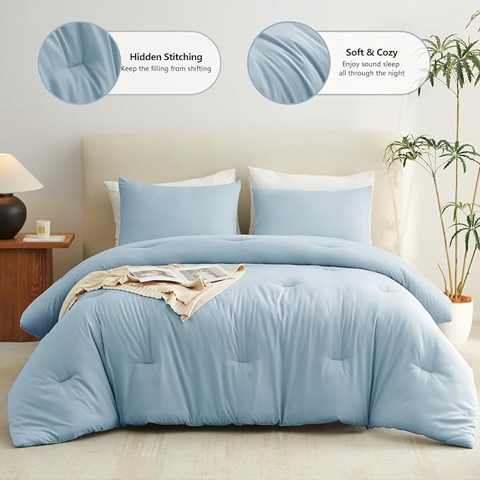 CozyLux Queen Comforter Set Light Blue, 3 Pieces Solid Comforters Queen Size Breathable Bedding Sets, Luxury Soft Lightweight Bed Set with Down Alternative Comforter and 2 Pillowcases for All Seasons