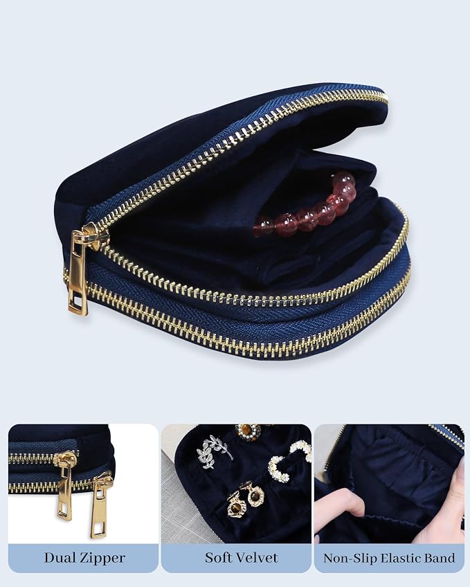 Stratalife Travel Jewelry Case Organizer 2-Layer Compact Storage Bag for Rings Earrings Necklace Bracelet Portable Velvet Jewelry Pouch with Zippers Travel Essential Gift for Women Navy Blue - Image 4