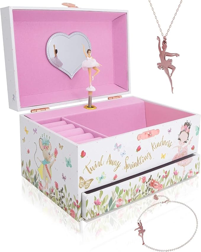 The Memory Building Co Ballerina Musical Jewelry Box Plays Classic Melody, Storage Organizer Music Box for Kids Ages 6-12, MDF Wood w/ 2 Fabric Lined Ring Bracelet Necklace Treasure Compartments by TheMemoryBuildingCompany