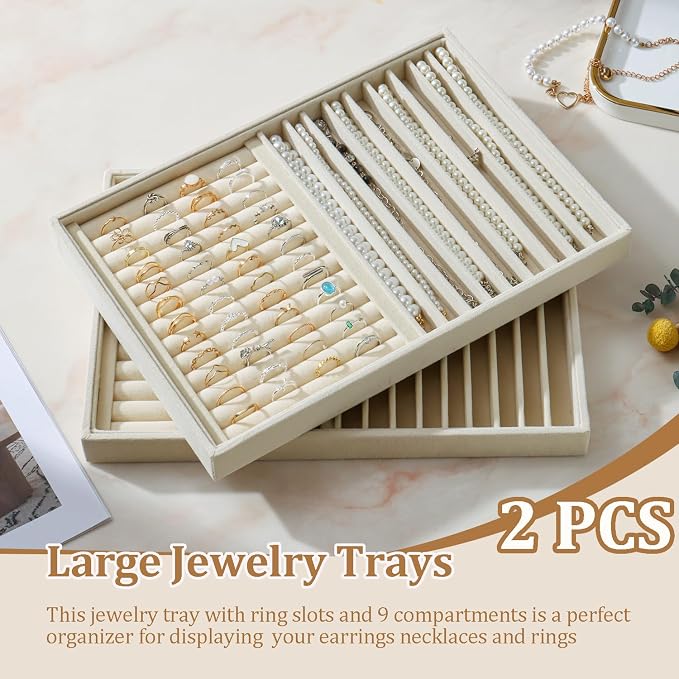 Large Velvet Jewelry Tray 2 Pack Stackable Jewelry Display Drawer Inserts Trays Organizer for Earring Bracelet Necklace Ring (Beige, Ring and 9 Grids) - Image 2