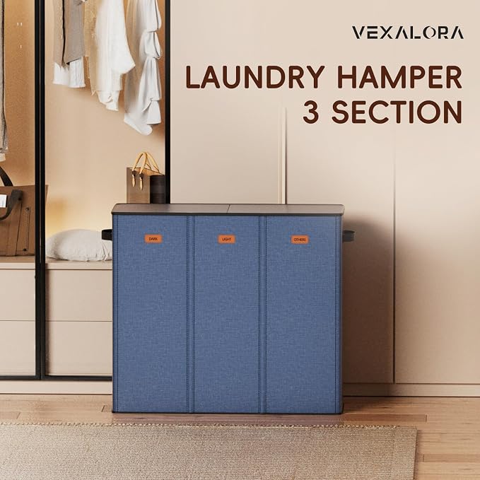 185L Laundry Hamper 3 Section, Laundry Hamper with Lid, Dirty Clothes Hamper with 3 Removable Washing Bags, Extra Large Laundry Basket Organizer for Bedroom, Laundry Room, Dorm - Navy Blue - Image 7