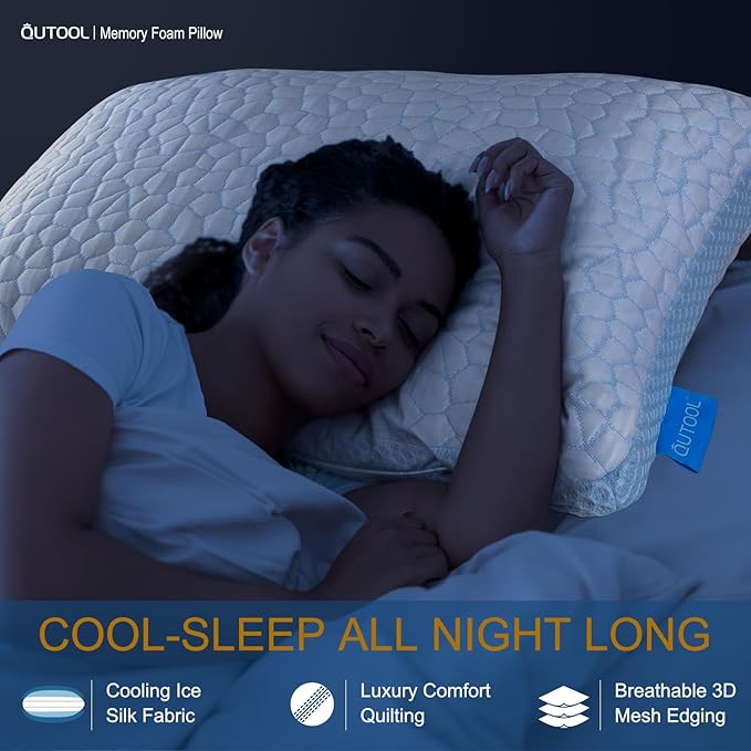 QUTOOL Enhanced Cooling Pillows for Sleeping, CertiPUR-US Shredded Memory Foam Pillows Standard Size Set of 2 for Hot Sleeper, Adjustable Pillow for Side, Back, Stomach Sleepers Support Yet Soft, Blue