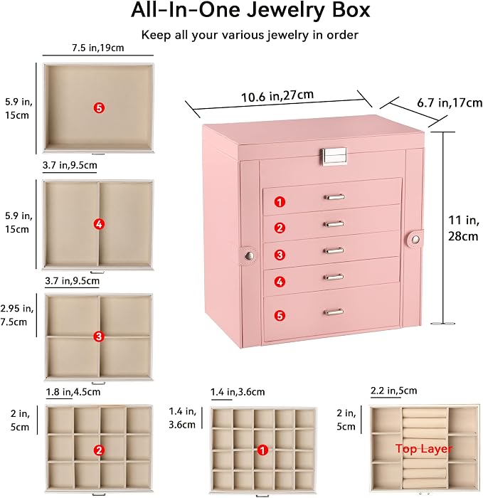Frebeauty Large Jewelry Box,6-Tier PU Leather Jewelry Organizer,Multi-functional Storage Case with Mirror,Accessories Holder with 5 Drawers for Necklace Bracelets Watches(Pink) - Image 3