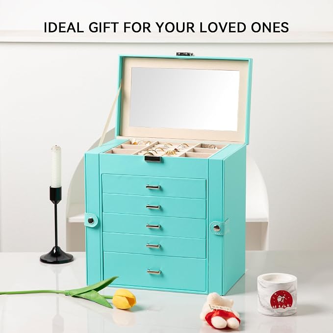 Frebeauty Large Jewelry Box,6-Tier PU Leather Jewelry Organizer,Multi-functional Storage Case with Mirror,Accessories Holder with 5 Drawers for Necklace Bracelets Watches(Turquoise) - Image 7