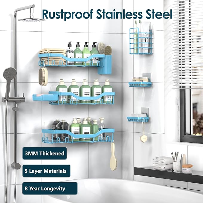 NESOMI Shower Caddy Adhesive Shower Organizer 8-Pack, Rustproof Stainless Steel Bathroom Shelves, Large Capacity No-Drill Rack Storage Accessories with Soap Dish Toothbrush Holder Hooks - Image 5