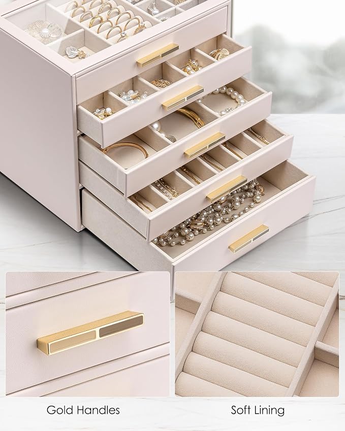 VLANDO 5 Layer Jewelry Box for Women, Glass Lid Jewelry Organizer with 5 Drawers for Necklaces Rings Earrings Bracelets - Light Pink - Image 4